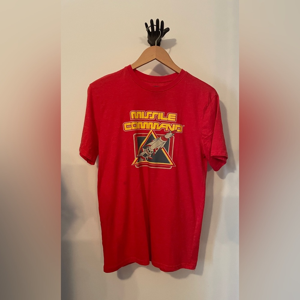 S ATARI Missile Command 1980’s video game red, yellow, blue logo tshirt